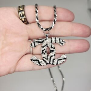 Chanel Black and Silver Pendant On SOLID 925 Black And Silver Twisted Rock Chain